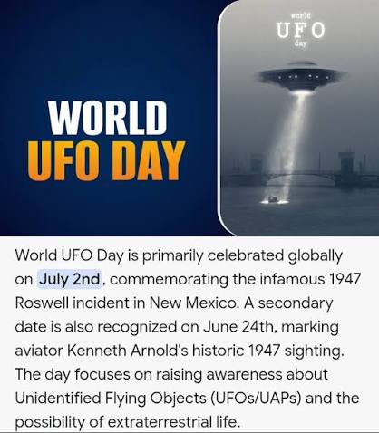 Globally, <span style="background-color:#fff9c4;font-weight:bold;">World UFO Day</span> is Observed on <span style="background-color:#e2f0fb;font-weight:bold;">July 2</span>.