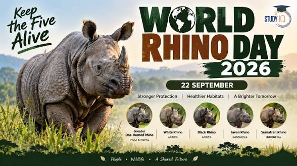 <b>World Rhino Day 2026 observed with theme 'Keep the Five Alive'.</b>